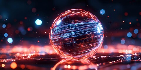 Glowing digital sphere with futuristic data streams on dark background with bokeh lights, representing advanced technology and global connectivity.