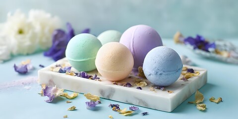 Colorful bath bombs on marble tray with dried flowers, creating spa-like atmosphere for relaxation and self-care rituals.