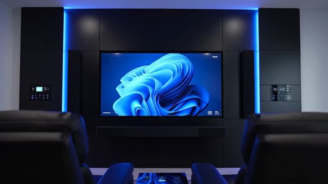 Modern Home Theater System with Blue Lighting and Immersive Entertainment