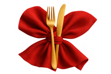 Golden cutlery on red napkin bow, festive dinner setting