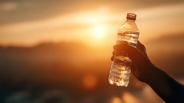 Hand holding water bottle against golden sunset over mountain silhouettes, symbolizing hydration during outdoor adventures.