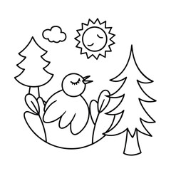 Cartoon illustration of a hand-drawn Christmas tree with a cute, blue dove flying, perfect for a peaceful holiday card design