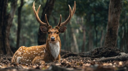 Spotted deer resting peacefully in a dense forest habitat, showcasing its beauty