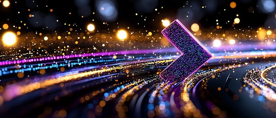 Glowing purple arrow on curved light trails with bokeh effect against dark background, creating dynamic motion concept.