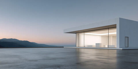 Fototapeta premium Modern architectural design at dusk, featuring clean lines, large glass windows glowing under evening sky. Concrete floor creates ideal display background for office, corporate and product display.