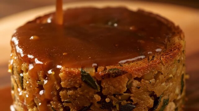 Close-up of savory bread pudding dish on a wooden background.
