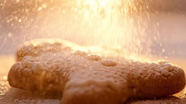 Festive cookie with white icing detail in warm golden light