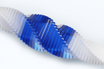 Fototapeta na wymiar Abstract glass spiral twist with white and blue gradient on 3d background. Render swirl of translucent square plate shapes, vortex flow layer effect. Futuristic technology, data array. 3D illustration