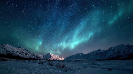 Naklejka premium A starry winter night with the northern lights dancing above a snowy landscape,