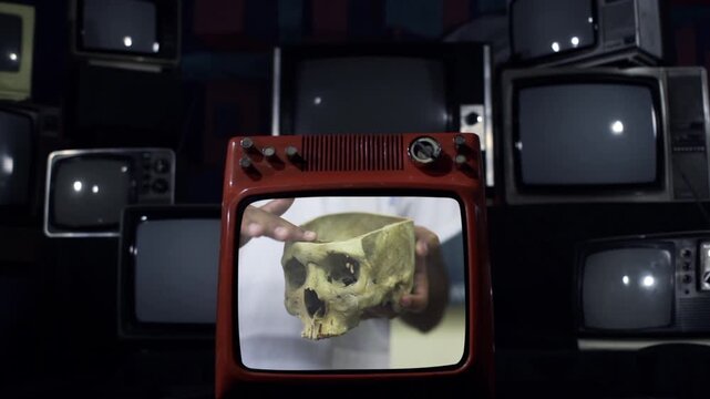 Scientist Displays Human Skull on Retro TV Set, Sudden Screen Explosion