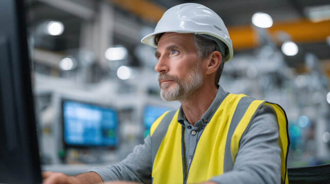 Focused Engineer in Safety Vest and Helmet Working on Computer