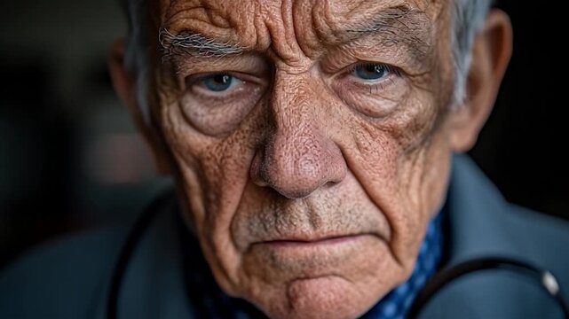 Elderly Man with Magnifying Glass Examining Closely, Focused Gaze.