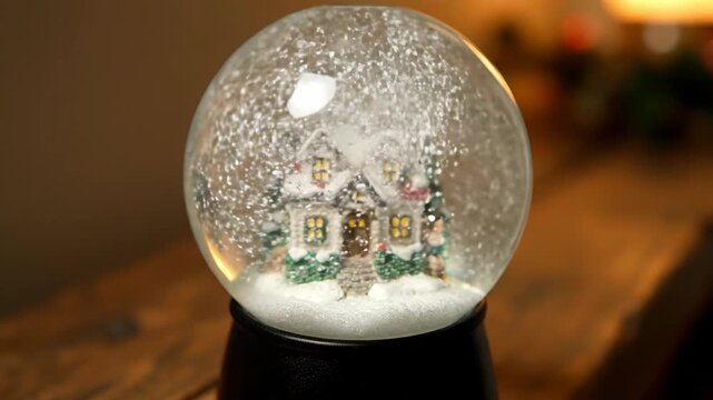 Close-up of a snow globe with a tiny house scene inside.