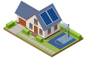 Isometric illustration of a modern house with solar panels on the roof and a private outdoor basketball court. Eco home, clean energy, and active lifestyle concept in a detailed suburban scene.