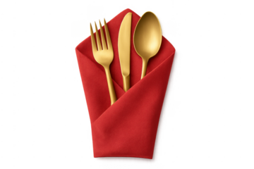 Gold cutlery set wrapped in a red napkin