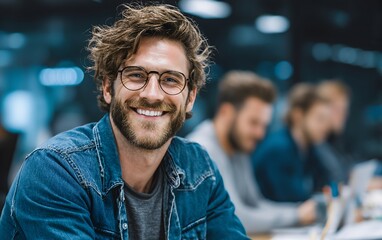 Friendly man with glasses smiling at camera in startup environment promoting collaborative spirit