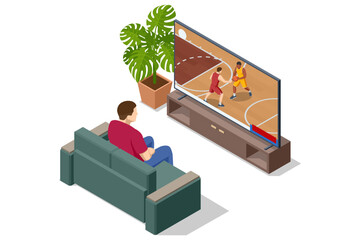 Isometric illustration of a man sitting on a sofa and watching a basketball game on a large TV screen at home. Entertainment, sports broadcast and cozy living room atmosphere.