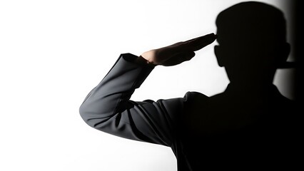 Dramatic silhouette of a person in uniform giving a formal salute as a sign of respect, honor, and duty against a white background