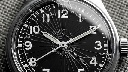 Close-up of a classic black analog wristwatch with a shattered glass face displaying cracked patterns
