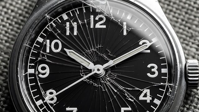 Close-up of a classic black analog wristwatch with a shattered glass face displaying cracked patterns
