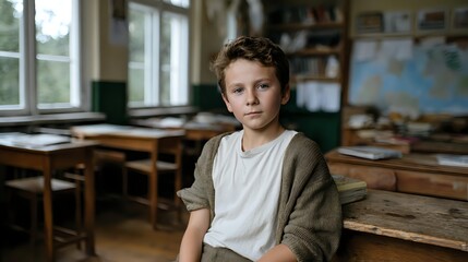 Fototapeta premium Young boy with curly hair in white shirt and beige cardigan sitting in rustic classroom with wooden desks and large windows. Thoughtful expression in educational setting.