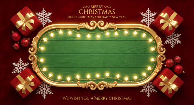 Christmas Wooden Frame Template, Red & Green Festive Background, Holiday Border Design,Merry Christmas Gift Box Decor, Glowing Star Lights Graphic, Blank Holiday Sign Layout - Powered by Adobe