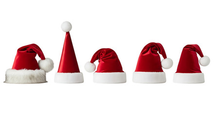 Collection of five red santa claus hats with white trim and pom poms isolated on transparent background