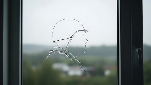 Silhouette of a soldier in a helmet looking out a window