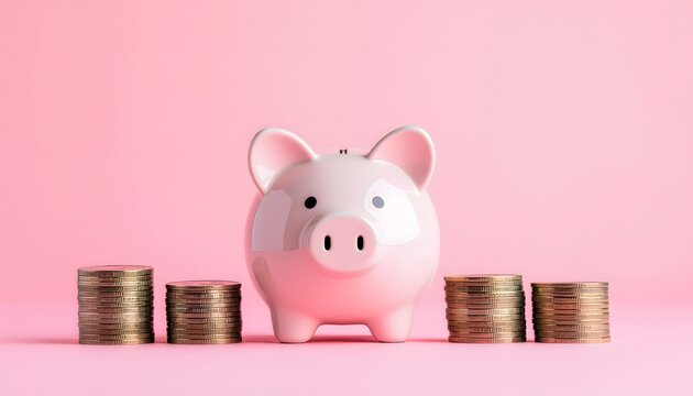 Piggy bank and stacks of coins on a pink background for savings