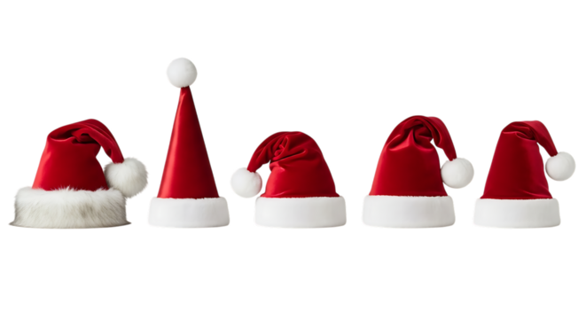 Collection of five red santa claus hats with white trim and pom poms isolated on transparent background