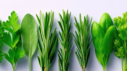 Close-up of various fresh herbs arranged on a white background. The image features parsley, sage, rosemary, and spinach leaves.