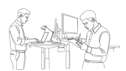 Black Continuous Line Art of Office Workers at Standing Desks Using Computer and Writing Notes