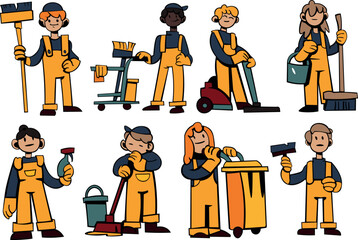 Cleaning Workers and Janitorial Equipment Illustration for Maintenance and Service Concepts