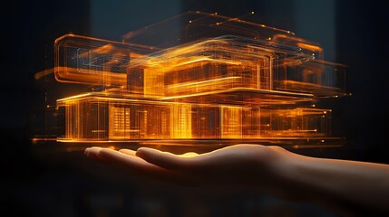 Glowing orange holographic house model floating above open hand against dark background, showcasing futuristic architectural visualization technology.