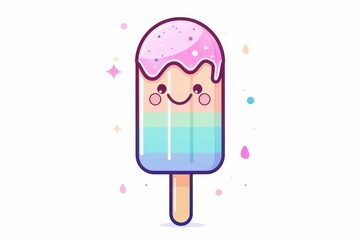 Cute cartoon ice cream popsicle with happy face rainbow pastel colors on transparent background