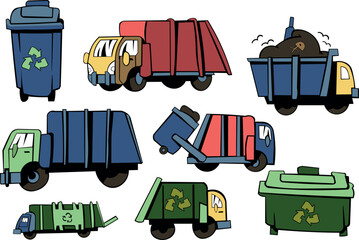 Garbage Trucks and Recycling Bins Vector Set for Waste Management and Eco Services