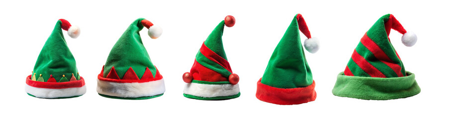 Collage with Elf hats set, closeup objects. Isolated on transparent background. Christmas and New Year celebration