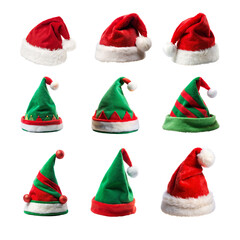 Collage with Christmas hats set, closeup objects. Isolated on transparent background. Christmas and New Year celebration