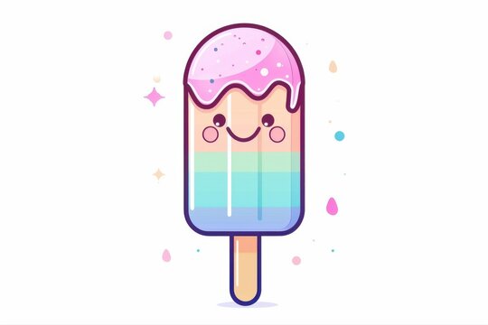 Cute cartoon ice cream popsicle with happy face rainbow pastel colors on transparent background