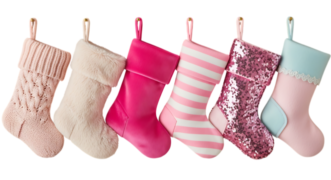 Six festive christmas stockings in various pink and white colors isolated on transparent background