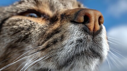 Close-up of cat nose and whiskers against blue sky background, showcasing feline facial features with detailed texture of fur and skin.