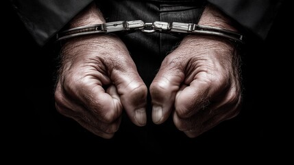 Close-up of two hands in handcuffs. The hands are male, showing signs of age with visible veins and rough skin. The background is dark, emphasizing the handcuffs.