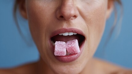 A joyful woman playfully holds sweet candy cubes in her mouth, capturing a playful spirit and the joy of indulgence. A fun and lighthearted moment celebrating sweetness.