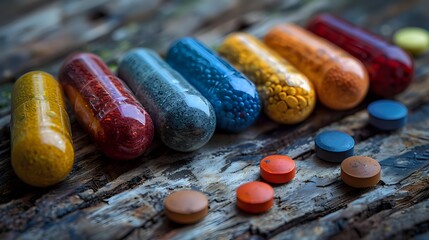 Colorful medicinal capsules and tablets arranged on rustic wooden surface, showcasing pharmaceutical supplements in yellow, red, blue, and orange hues.