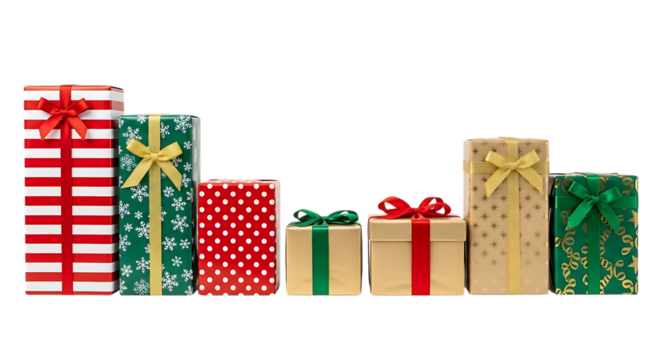 Assortment of festive christmas gift boxes with ribbons isolated on transparent background