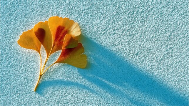 Close-up of vibrant yellow ginkgo leaves with a long shadow against a textured blue wall, illuminated by sunlight.