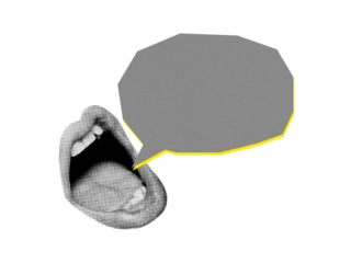 Open mouth pop art cutout with polygon gray and yellow speech balloon. Comic and minimalist zine-inspired copy space