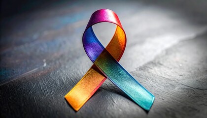A colorful ribbon symbol, elegantly designed and representing various causes, lies on a dark, textured surface. Its vibrant hues create a visually striking image, evoking a sense of hope, support.