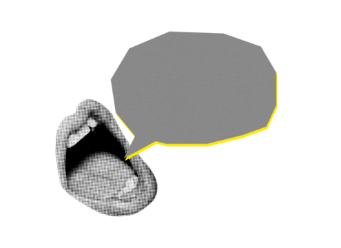 Open mouth pop art cutout with polygon gray and yellow speech balloon. Comic and minimalist zine-inspired copy space