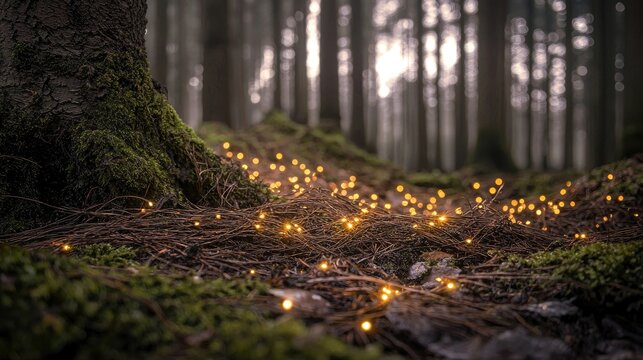 Close-up of a tree trunk with moss, glowing lights on the forest floor, and a blurred background of trees, creating a moody and atmospheric scene.